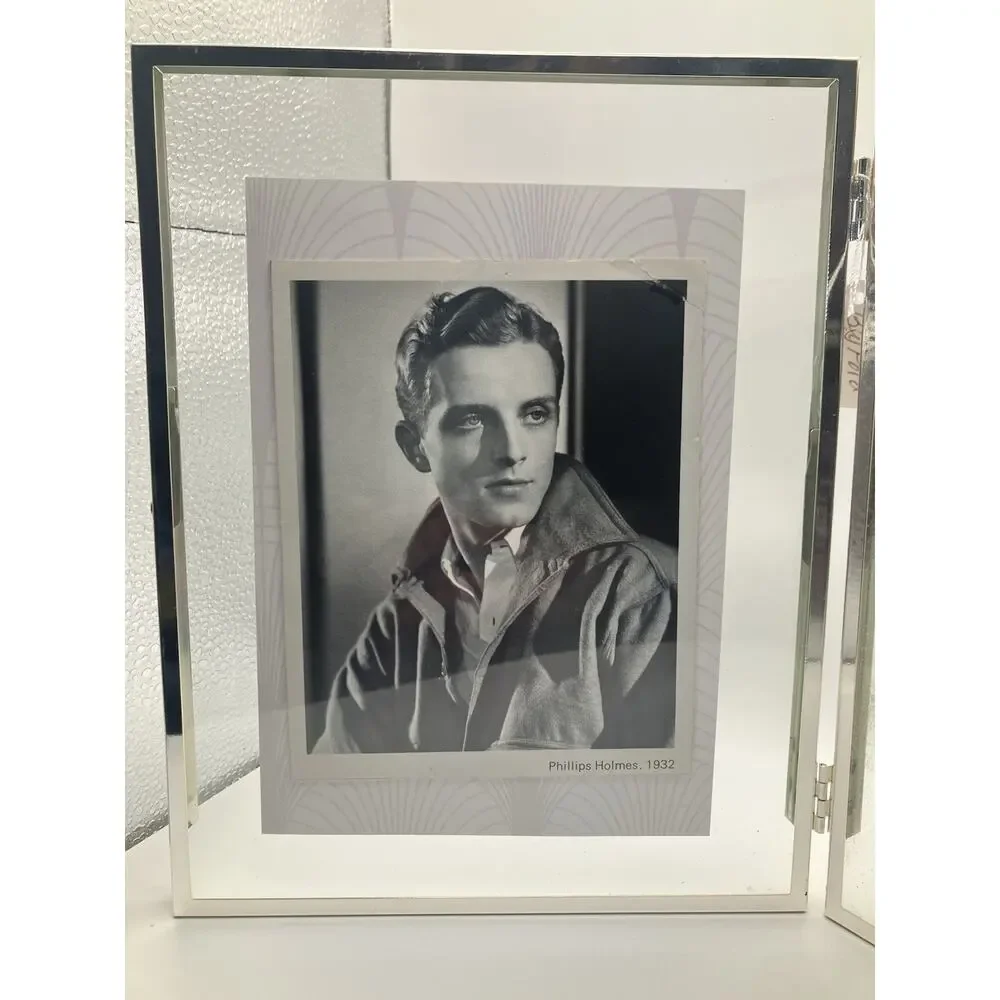 Silver Metal & Clear Glass Hinged Double Frame 4x6 Freestanding w/ 2 Prints